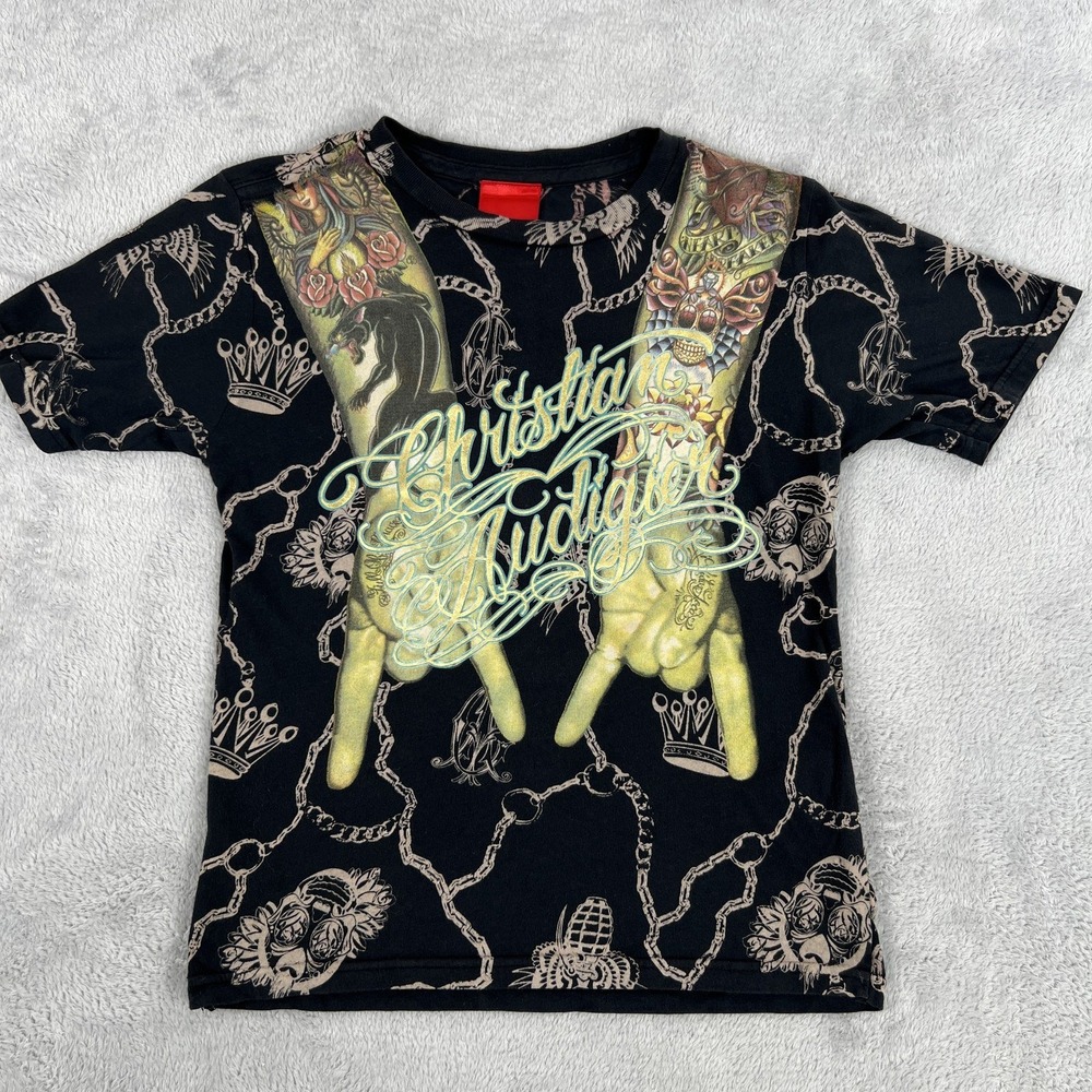 Christian Audigier Kids Chain Crown Graphic T Shirt Sz 7 Black Youth Y2K Rocker